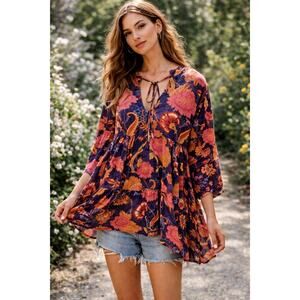 Boho Floral Cottagecore Tunic Top Pink Purple Orange Flowy Festival Peasant S